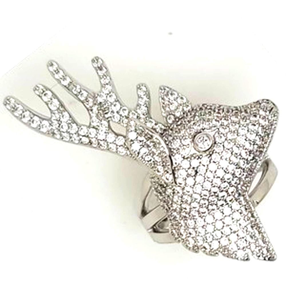 Round Micro Pave Cubic Zirconia White Stag Head Silver Ring Size 8